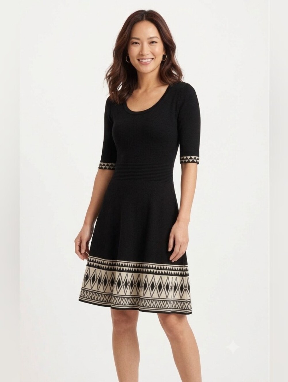 Xhilaration Black and White Patterned Fit-and-Flare Knit Dress Large